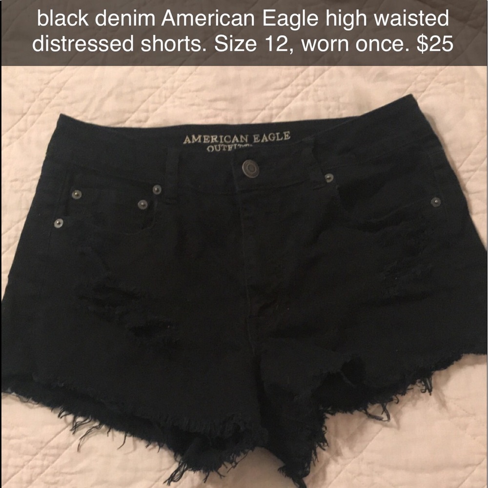 High waisted, black, distressed denim shorts